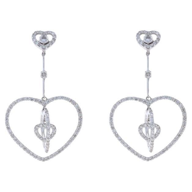 White Gold Diamond Graduated Heart Dangle Earrings -14k Rnd 2.00ctw Love Pierced