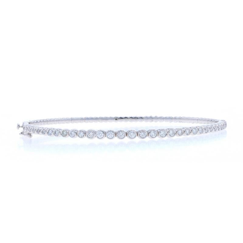 Metal Content: 14k White Gold

Stone Information

Natural Diamonds
Carat(s): .62ctw
Cut: Round Brilliant
Color: G - H
Clarity: VS2 - SI1

Total Carats: .62ctw

Style: Graduated Journey Bangle
Fastening Type: Tab Box Clasp with One Side Safety
