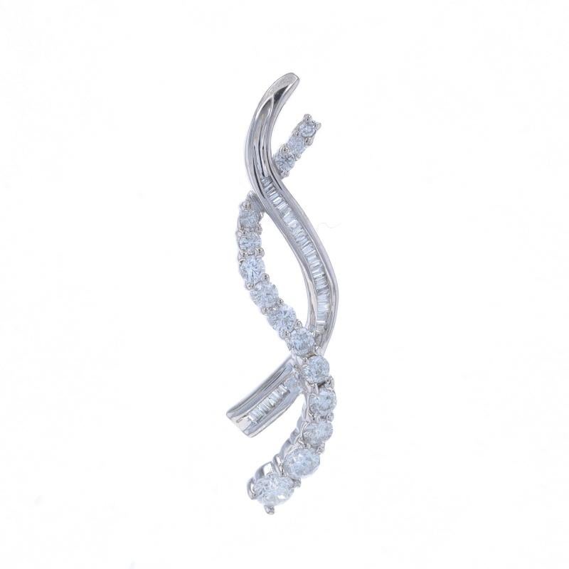 Metal Content: 14k White Gold

Stone Information

Natural Diamonds
Carat(s): 1.00ctw
Cut: Round Brilliant & Baguette
Color: F - G
Clarity: I1 - I2

Total Carats: 1.00ctw

Style: Graduated Journey
Theme: Love Ribbons

Measurements

Tall: 1 3/8