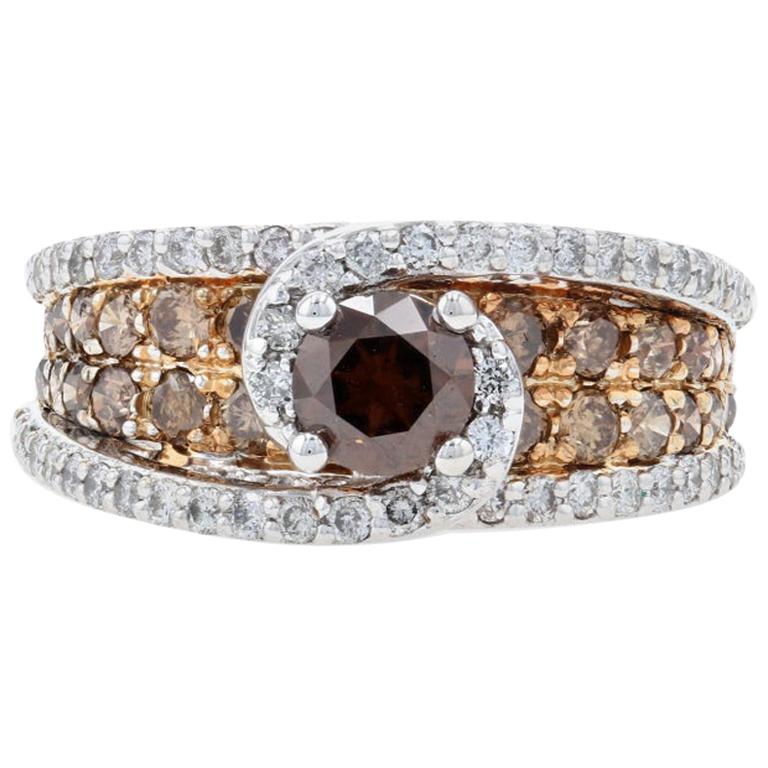 White Gold Diamond Halo Bypass Ring, 14 Karat Round Cut 2.48 Carat Fancy Brown For Sale
