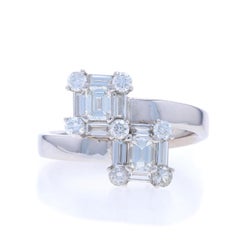 White Gold Diamond Halo Bypass Ring - 18k Emerald Baguette Rd 1.40ctw Two-Stone