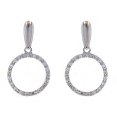 White Gold Diamond Halo Circle Dangle Earrings - 14k Single Cut .20ctw Pierced