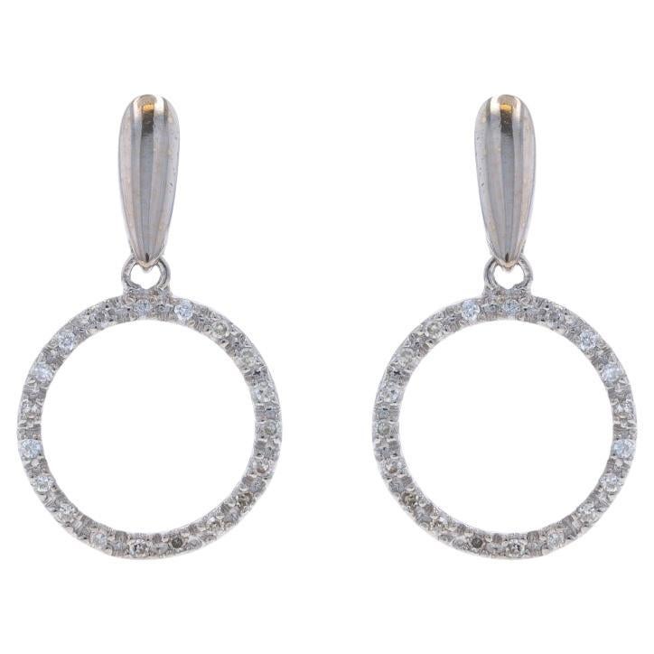 White Gold Diamond Halo Circle Dangle Earrings - 14k Single Cut .20ctw Pierced