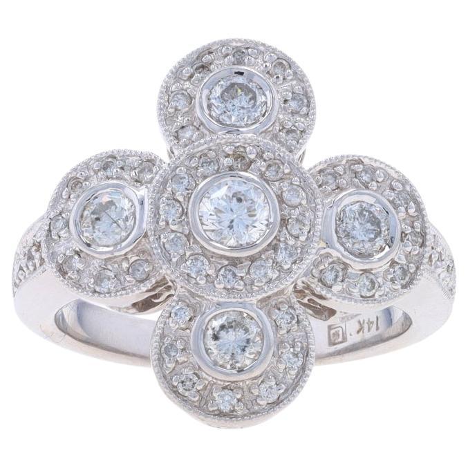 White Gold Diamond Halo Cocktail Ring -14k Round Brilliant .90ctw Milgrain Cross