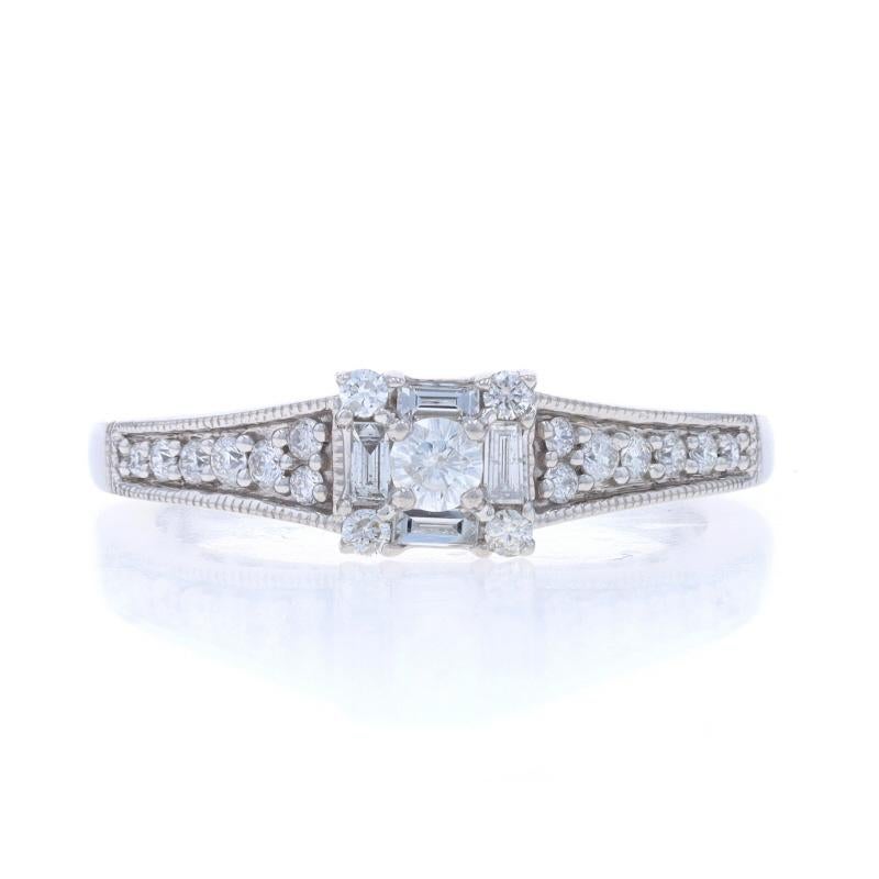 Size: 9 1/4
Sizing Fee: Up 2 sizes for $40 or Down 1 size for $40

Metal Content: 10k White Gold

Stone Information

Natural Diamonds
Carat(s): .60ctw
Cut: Round Brilliant and baguette
Color: G - H
Clarity: SI2 - I1

Total Carats: .60ctw

Style: