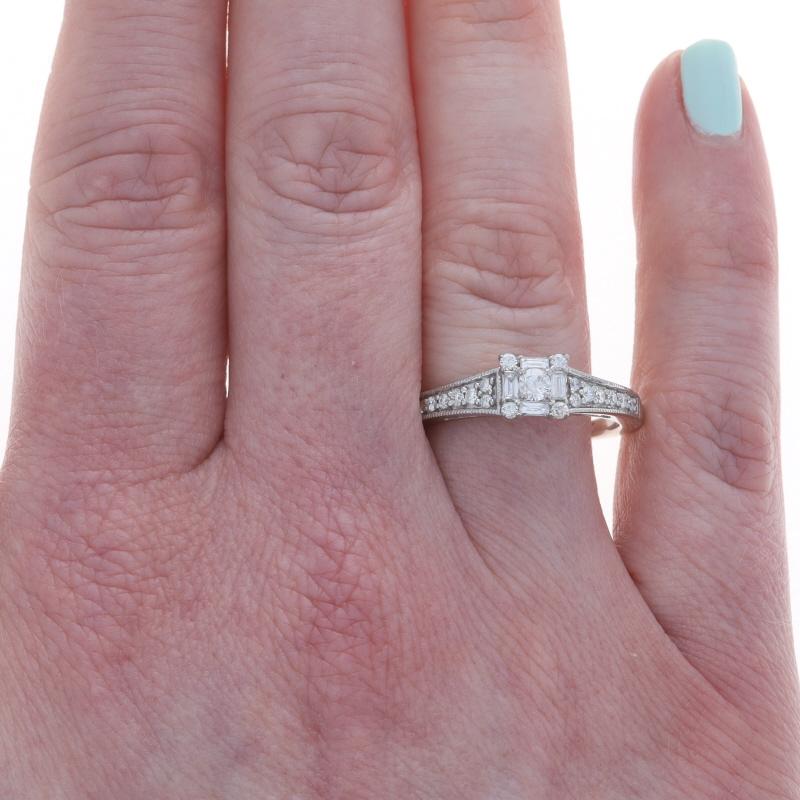 Round Cut White Gold Diamond Halo Engagement Ring - 10k Round and Baguette .60ctw Milgrain For Sale