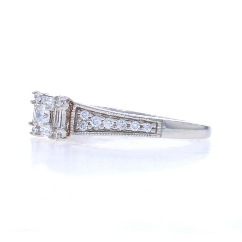 White Gold Diamond Halo Engagement Ring - 10k Round and Baguette .60ctw Milgrain In Excellent Condition For Sale In Greensboro, NC
