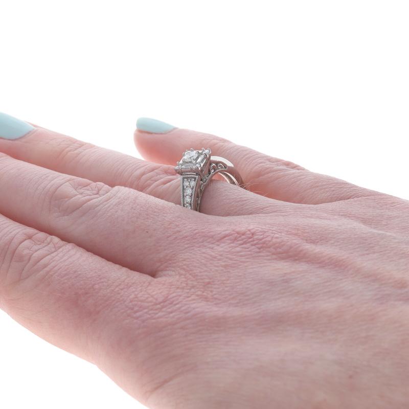 Women's White Gold Diamond Halo Engagement Ring - 10k Round and Baguette .60ctw Milgrain For Sale