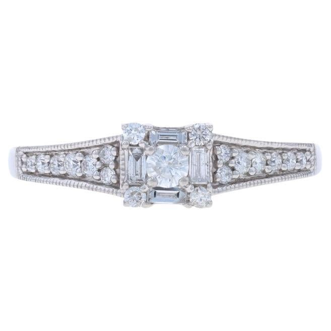 White Gold Diamond Halo Engagement Ring - 10k Round and Baguette .60ctw Milgrain For Sale