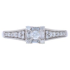 White Gold Diamond Halo Engagement Ring - 10k Round and Baguette .60ctw Milgrain