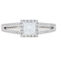 White Gold Diamond Halo Engagement Ring, 14 Karat Princess Cut .70 Carat GIA