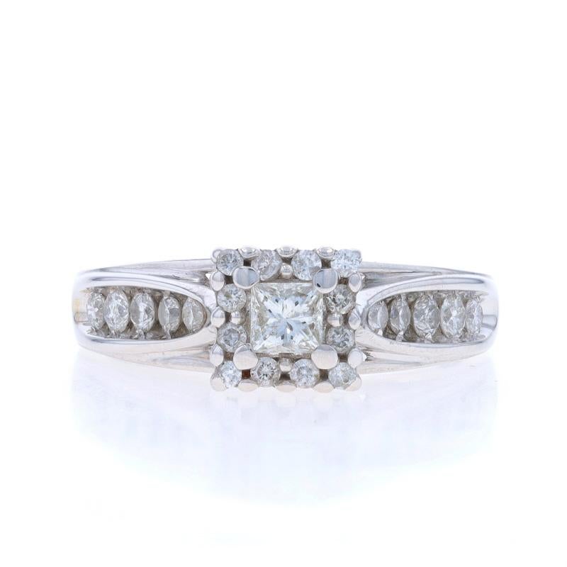 Size: 7
Sizing Fee: Up 1 size for $40 or Down 1/2 a size for $40

Metal Content: 14k White Gold

Stone Information

Natural Diamond
Carat(s): .20ct
Cut: Princess
Color: J
Clarity: SI2

Natural Diamonds
Carat(s): .50ctw
Cut: Round Brilliant
Color: H