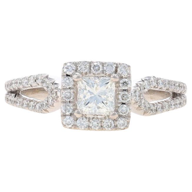 White Gold Diamond Halo Engagement Ring - 14k Princess .88ctw GIA For Sale