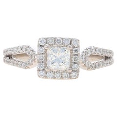 White Gold Diamond Halo Engagement Ring - 14k Princess .88ctw GIA