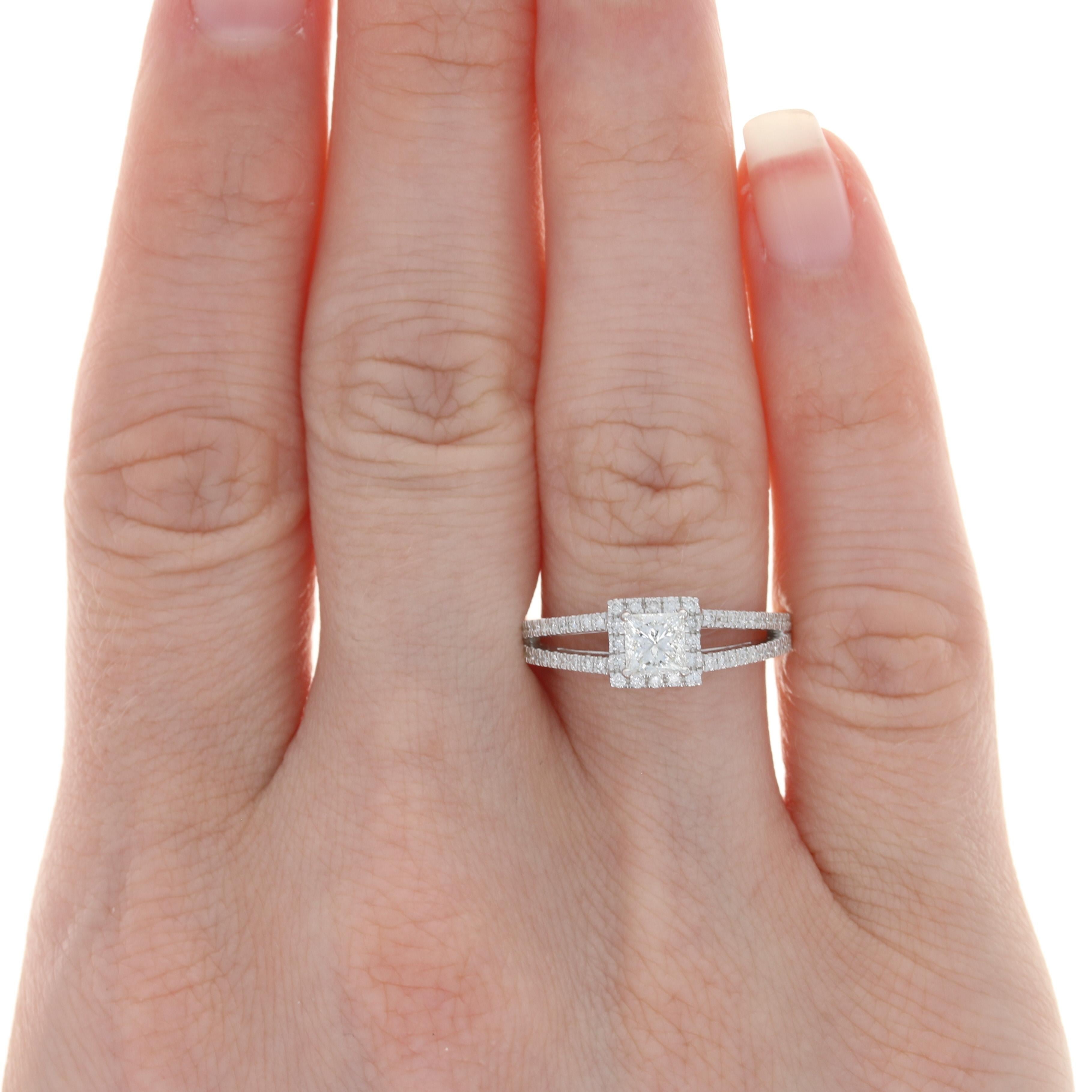 White Gold Diamond Halo Engagement Ring, 14 Karat Princess Cut .70 Carat GIA In New Condition In Greensboro, NC