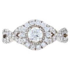 Vintage White Gold Diamond Halo Engagement Ring - 14k Round 1.00ctw Trellis Cathedral