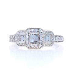 White Gold Diamond Halo Engagement Ring - 14k Round & Baguette .75ctw IGI