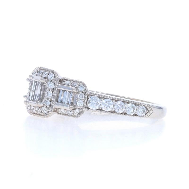 Round Cut White Gold Diamond Halo Engagement Ring - 14k Round & Baguette .75ctw IGI For Sale
