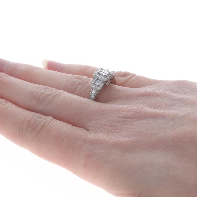 White Gold Diamond Halo Engagement Ring - 14k Round & Baguette .75ctw IGI In Excellent Condition For Sale In Greensboro, NC