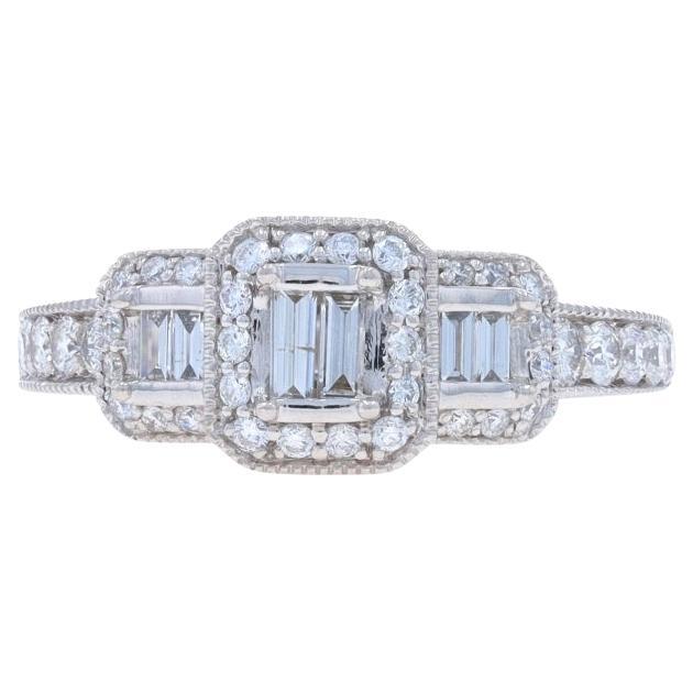 White Gold Diamond Halo Engagement Ring - 14k Round & Baguette .75ctw IGI