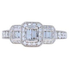 White Gold Diamond Halo Engagement Ring - 14k Round & Baguette .75ctw IGI