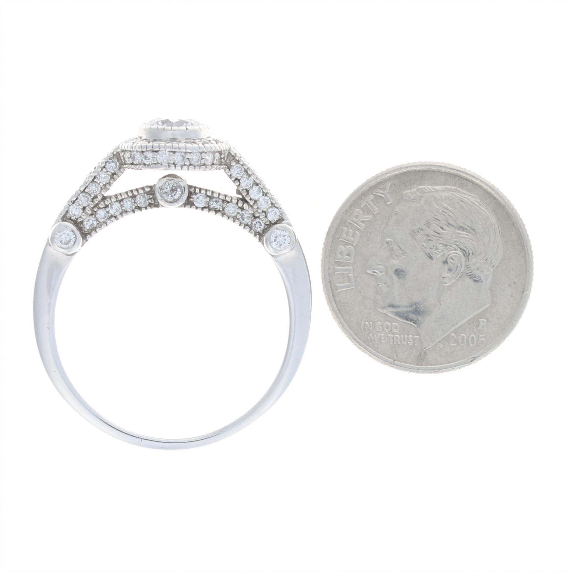 White Gold Diamond Halo Ring, 14 Karat Round Brilliant 1.28 Carat Milgrain For Sale 1