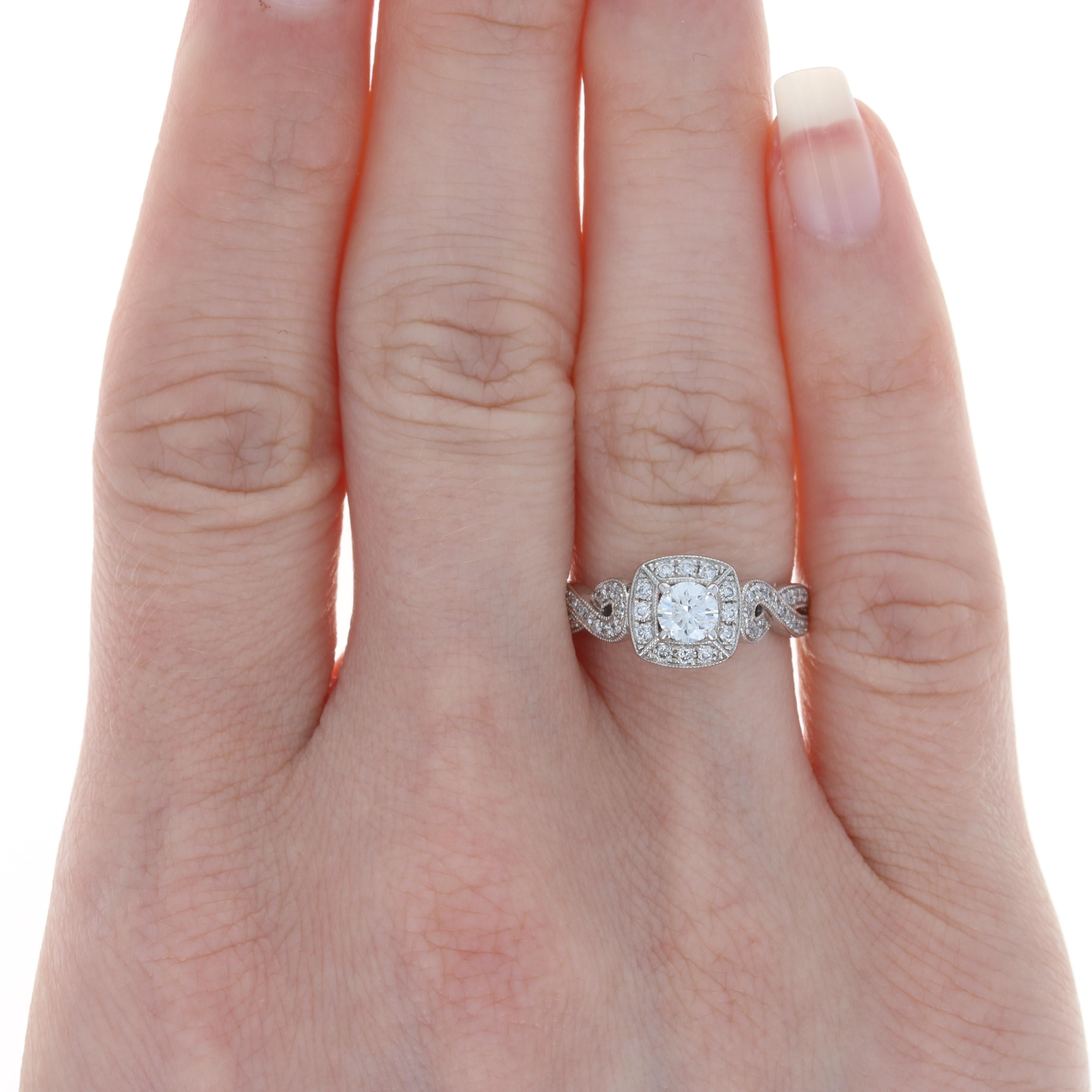 Size: 6
Sizing Fee: Down 1 size or up 2 sizes for a $25 fee

Metal Content: 14k White Gold

Stone Information: 
Natural Diamond Solitaire
Carat: .33ct
Cut: Round Brilliant
Color:  F 
Clarity: I1

Natural Diamond Accents
Carats: .26ctw
Cut: Round
