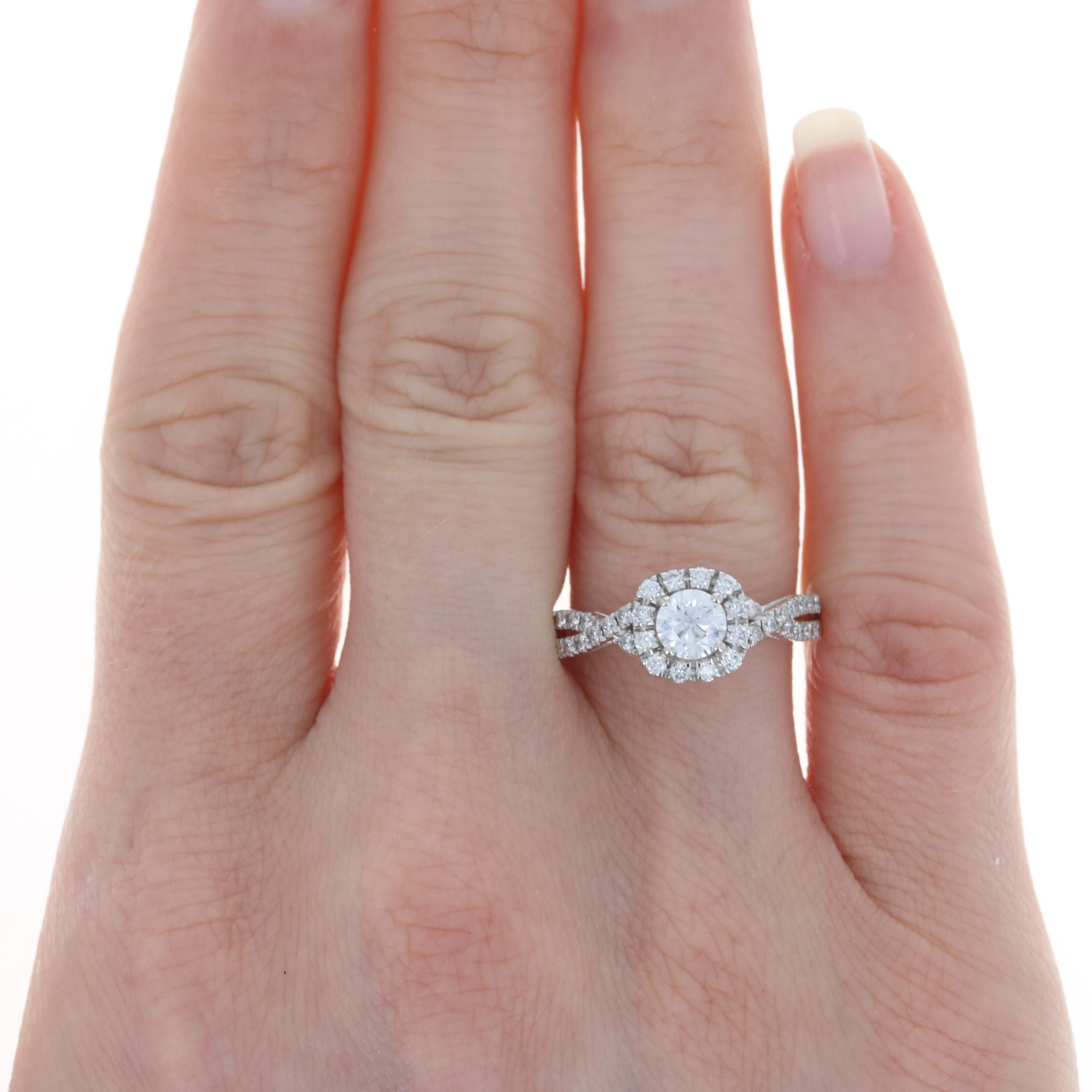 For Sale:  White Gold Diamond Halo Engagement Ring, 14k Round Brilliant Cut 1.07ctw Twist 2