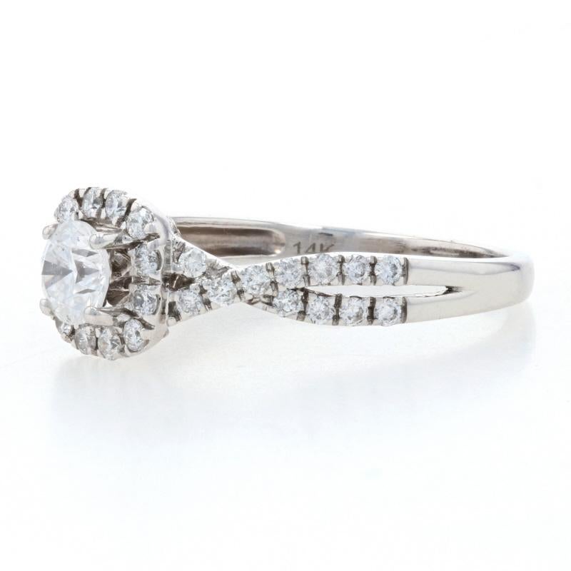 For Sale:  White Gold Diamond Halo Engagement Ring, 14k Round Brilliant Cut 1.07ctw Twist 3