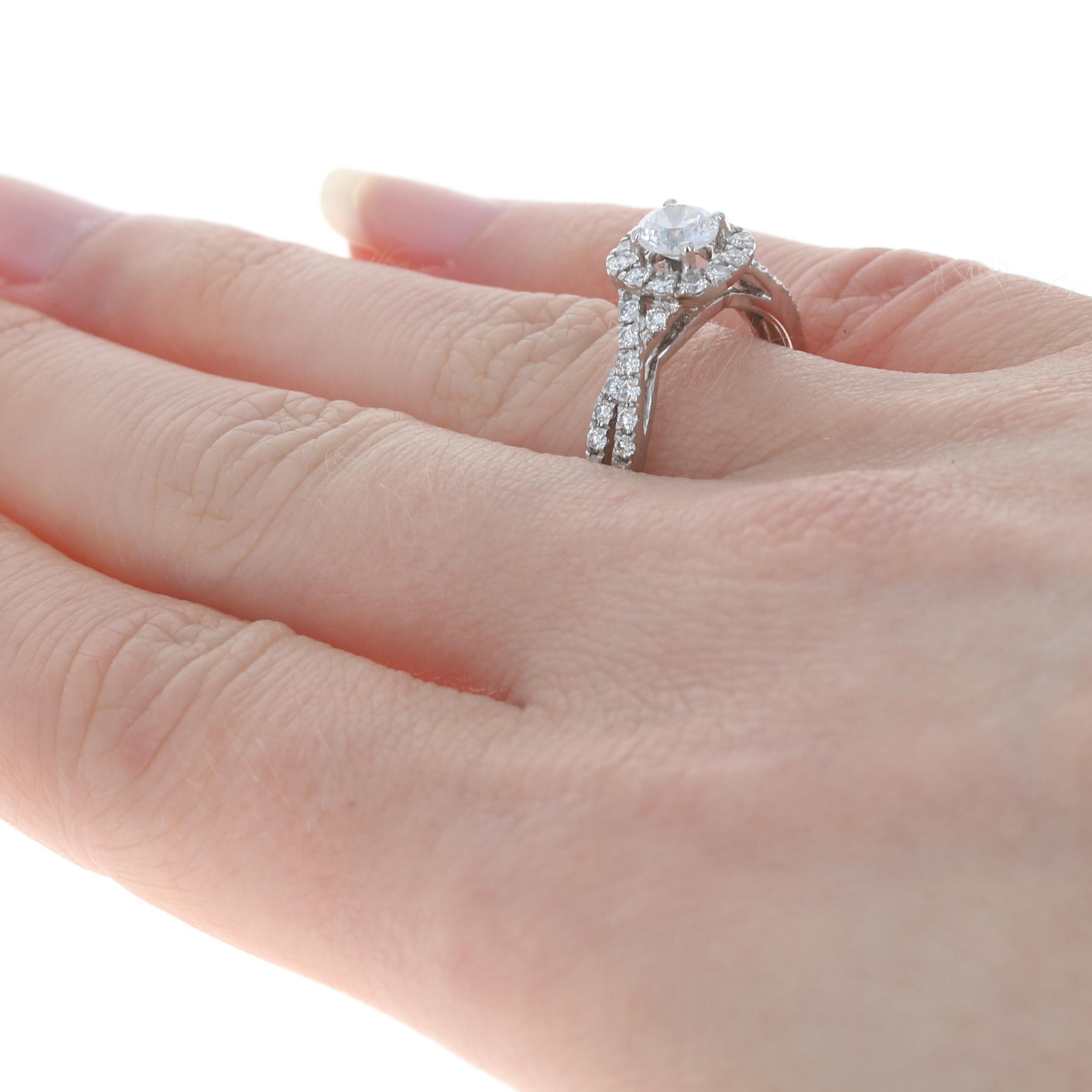 For Sale:  White Gold Diamond Halo Engagement Ring, 14k Round Brilliant Cut 1.07ctw Twist 4