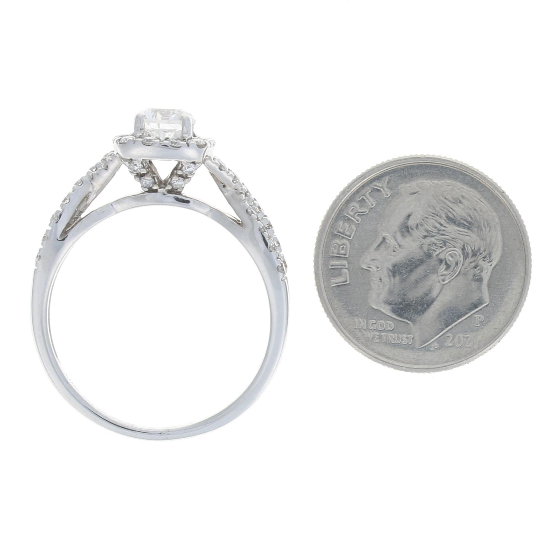 For Sale:  White Gold Diamond Halo Engagement Ring, 14k Round Brilliant Cut 1.07ctw Twist 5