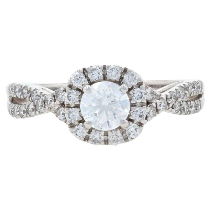 For Sale:  White Gold Diamond Halo Engagement Ring, 14k Round Brilliant Cut 1.07ctw Twist