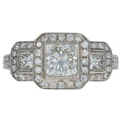 White Gold Diamond Halo Engagement Ring, 18k Princess Cut 1.95ctw Milgrain GIA