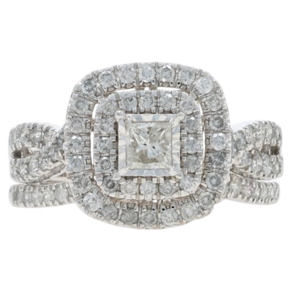 White Gold Diamond Halo Engagement Ring & Wedding Band - 10k Princess 1.00ctw