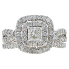 White Gold Diamond Halo Engagement Ring & Wedding Band - 10k Princess 1.00ctw