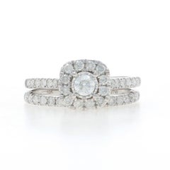 White Gold Diamond Halo Engagement Ring & Wedding Band - 10k Round 1.00ctw