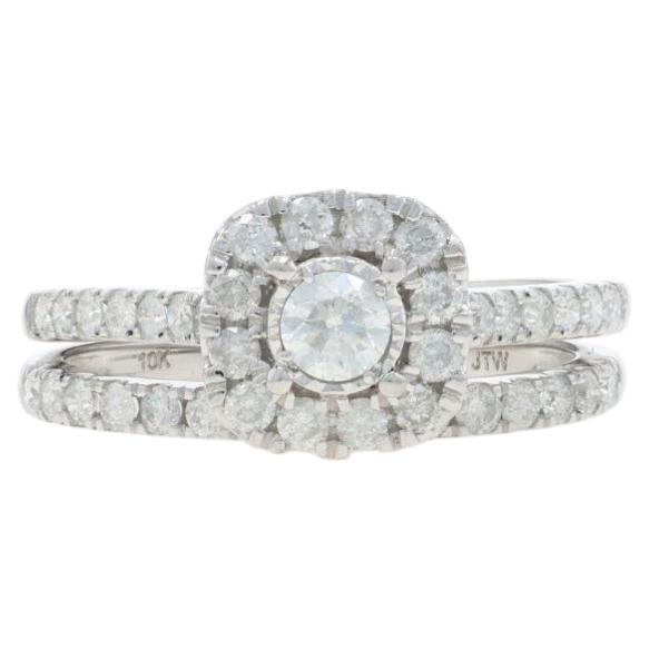 White Gold Diamond Halo Engagement Ring & Wedding Band - 10k Round 1.00ctw