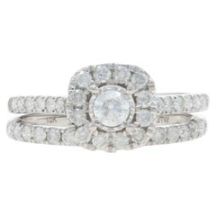 White Gold Diamond Halo Engagement Ring & Wedding Band - 10k Round 1.00ctw