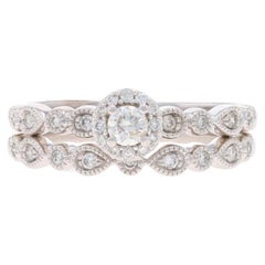 White Gold Diamond Halo Engagement Ring & Wedding Band - 10k Round .24ctw