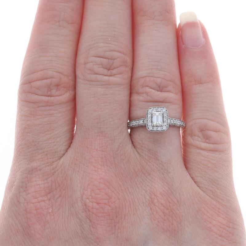 White Gold Diamond Halo Engagement Ring & Wedding Band - 14k Emerald Cut .74ctw In Excellent Condition For Sale In Greensboro, NC