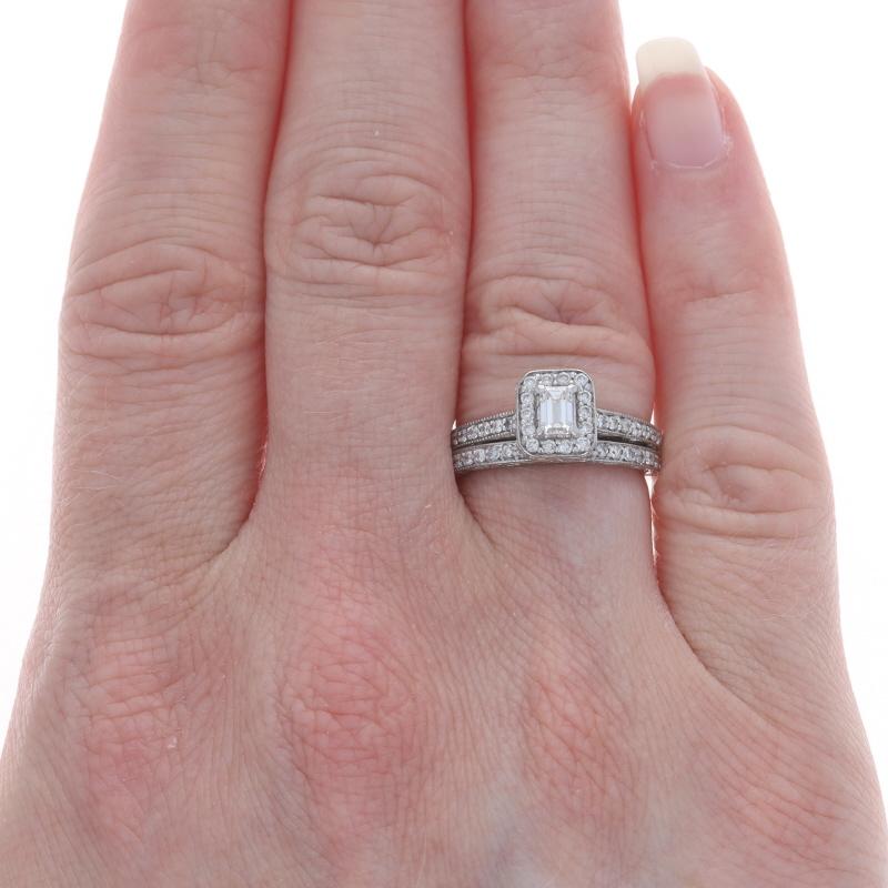 Women's White Gold Diamond Halo Engagement Ring & Wedding Band - 14k Emerald Cut .74ctw For Sale