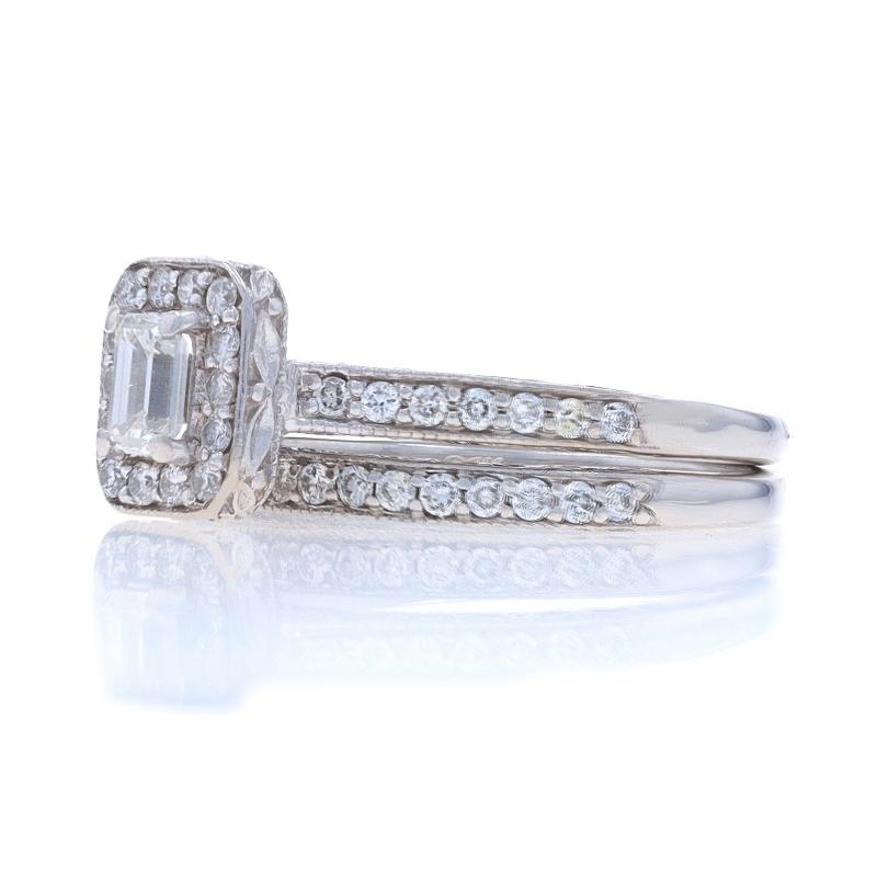 White Gold Diamond Halo Engagement Ring & Wedding Band - 14k Emerald Cut .74ctw For Sale 1