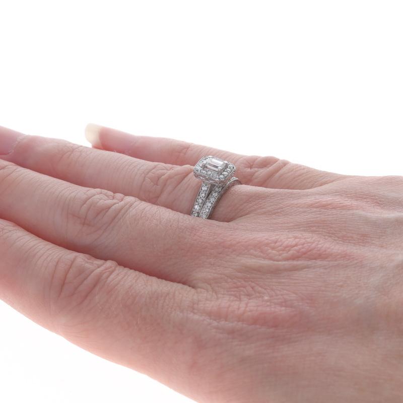 White Gold Diamond Halo Engagement Ring & Wedding Band - 14k Emerald Cut .74ctw For Sale 2