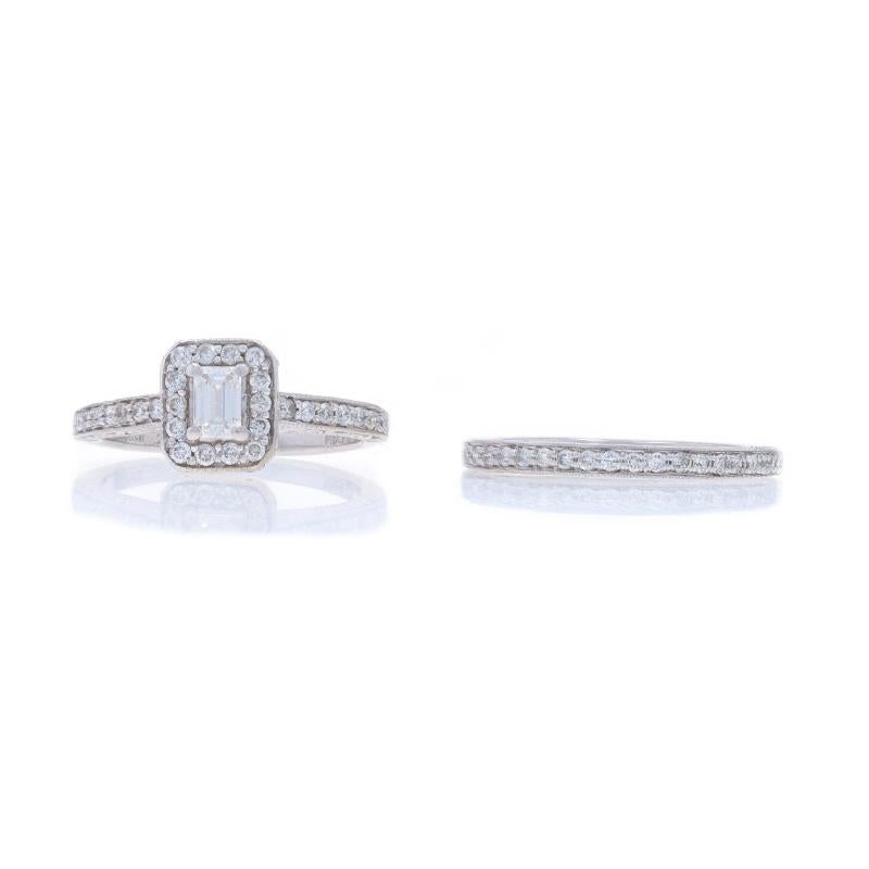 White Gold Diamond Halo Engagement Ring & Wedding Band - 14k Emerald Cut .74ctw For Sale 3