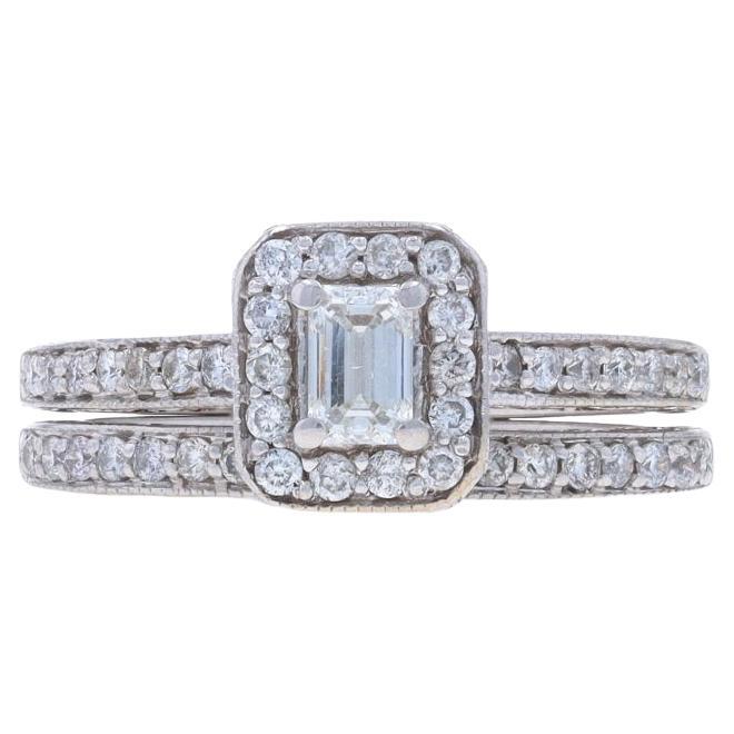 White Gold Diamond Halo Engagement Ring & Wedding Band - 14k Emerald Cut .74ctw For Sale