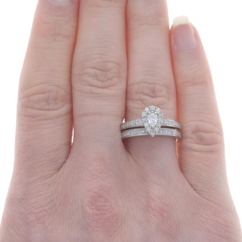 Pear Cut White Gold Diamond Halo Engagement Ring & Wedding Band 14k Pear .54ctw Milgrain For Sale