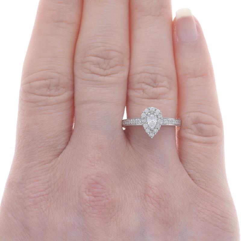 White Gold Diamond Halo Engagement Ring & Wedding Band 14k Pear .54ctw Milgrain In Excellent Condition For Sale In Greensboro, NC