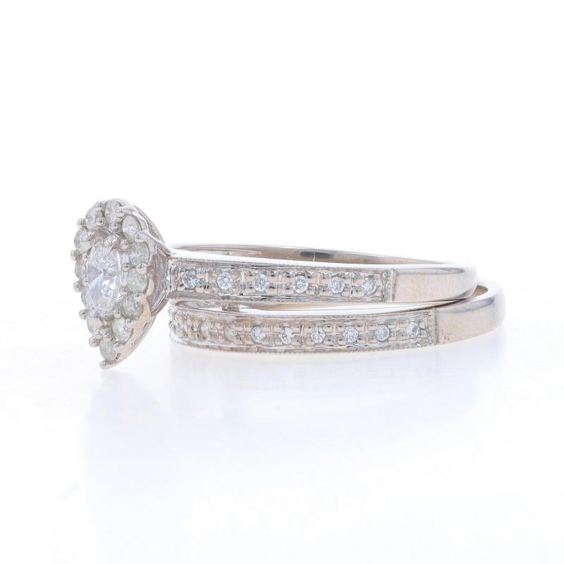 Women's White Gold Diamond Halo Engagement Ring & Wedding Band 14k Pear .54ctw Milgrain For Sale