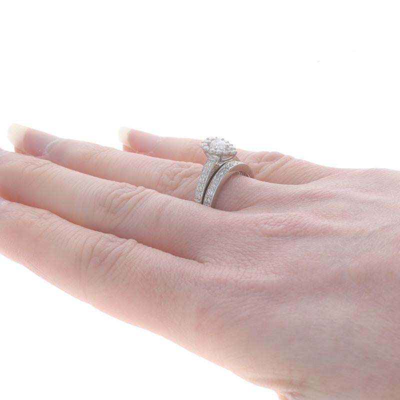 White Gold Diamond Halo Engagement Ring & Wedding Band 14k Pear .54ctw Milgrain For Sale 1