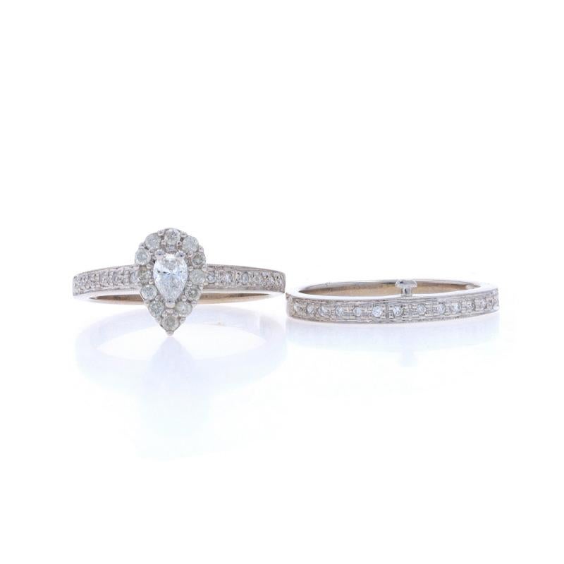 White Gold Diamond Halo Engagement Ring & Wedding Band 14k Pear .54ctw Milgrain For Sale 2